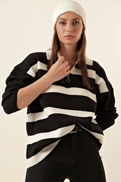 Giens Polo Neck Striped Zippered Black Oversize Knitwear Sweater