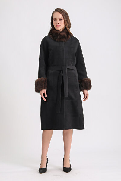 Leather Club Siyah Sable Aksesuarlı Kaşmir Kaban