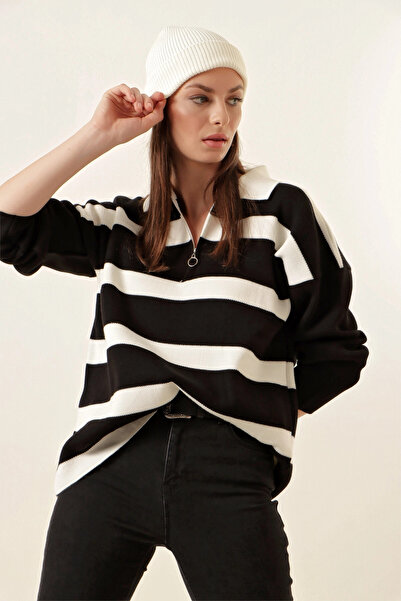 Giens Polo Neck Striped Zippered Black Oversize Knitwear Sweater