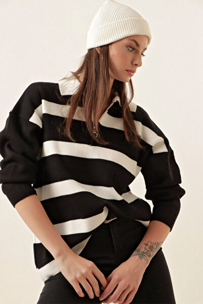 Giens Polo Neck Striped Zippered Black Oversize Knitwear Sweater