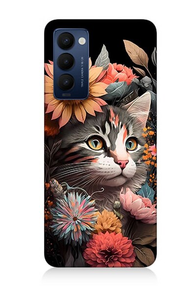 karizmart Tecno Comon 18 Uyumlu Silikon Kılıf Çiçekler Ve Kül Gri Kedi