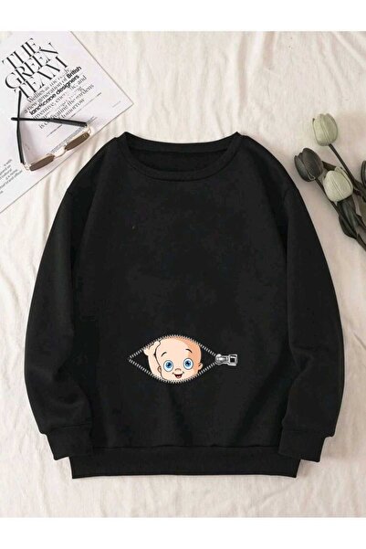 blausee wear Дамски суичър за бременни с щампа с бебешки цип и голямо деколте