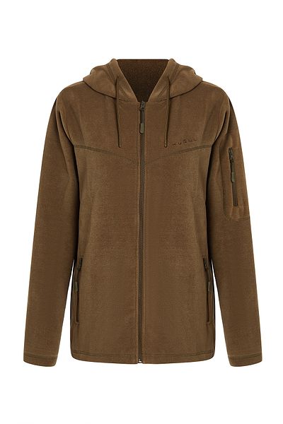 Huğlu Khaki Color Hooded Three Pocket Zippered Fleece Cardigan