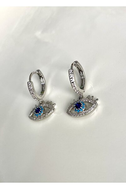 JustGAF أقراط متدلية من حجر الزركون باللون الفضي/الفضي مع تفاصيل عين الشر