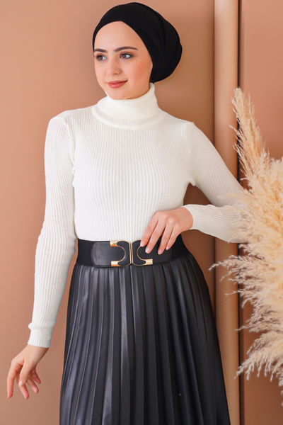 benguen 11019 Turtleneck Corded Knitwear Sweater Ecru