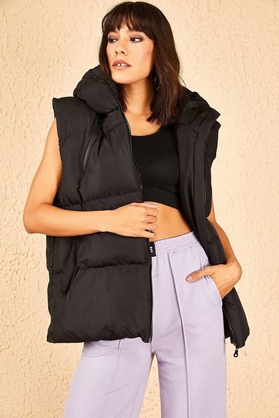 MEECY Women's Black Pocket Hooded Sleeveless Puffer Vest