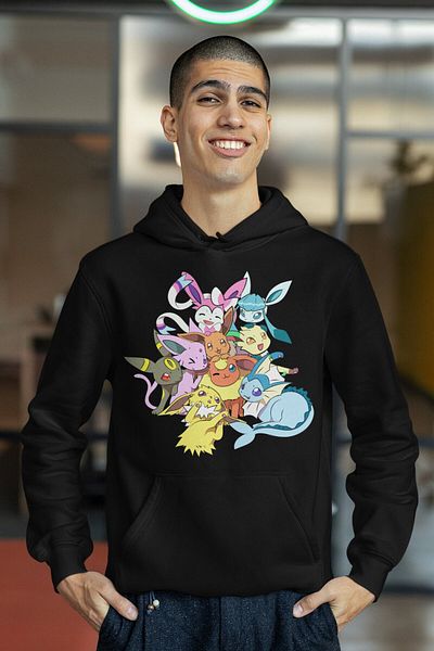 Fuddy Moda Hanorac imprimat Eevee Pokemon, hanorac unisex oversize imprimat Pokemon