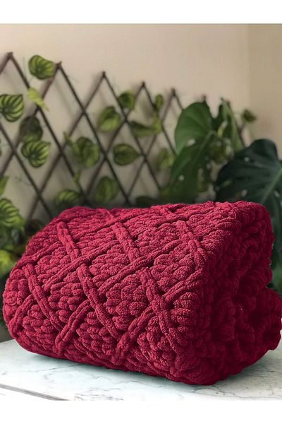 Missworble Puffy Hand Knitted Fireplace and TV Blanket Diamond Patterned Cherry 90 X 165 Cm