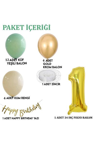 Patladı Gitti 1 Year Old Mold Green Sea Sand and Chrome Gold Balloon Concept Birthday Set