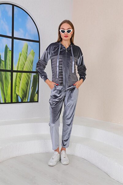 WestBound Women's Plush Velvet Wide Leg Double Suit - GRAY