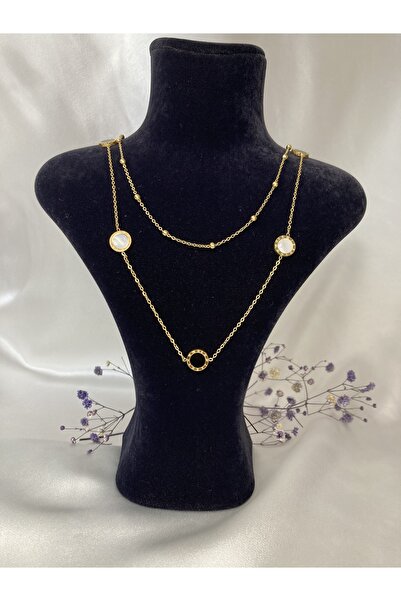 Starlight Çelik Gold Siyah Beyaz Sedefli 2'li Kolye
