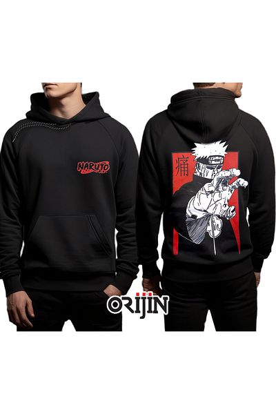 Orijin Tekstil Черен суичър с качулка с щампи отпред и отзад Naruto Pain
