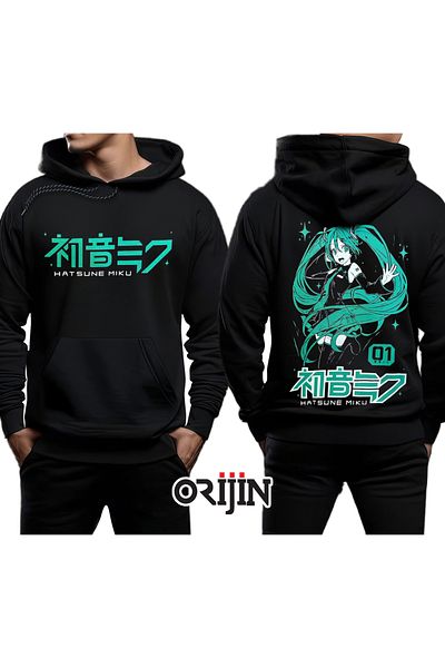 Orijin Tekstil Hatsune Miku CV01 Vocaloid Front Back Printed Black Hooded Sweatshirt