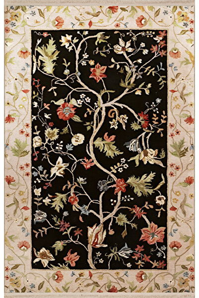 Rugs Modern Halı Black Themed Multicolored Ivy Flower Patterned Modern Decora...