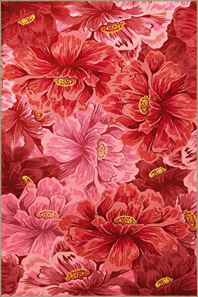 Rugs Modern Halı Red Pink Themed Rose Patterned Modern Decorative Carpet 1691