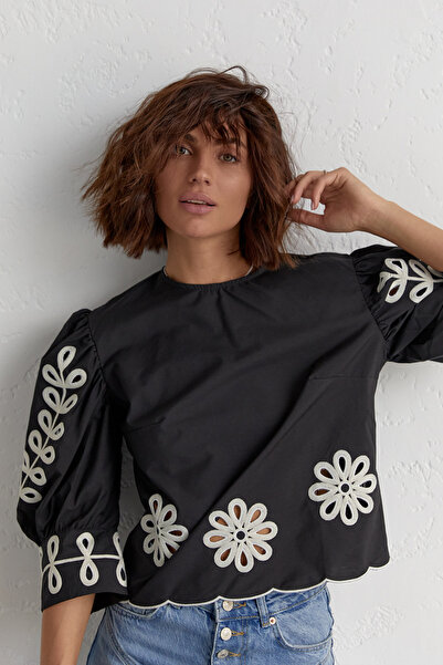 FEMELLE Women's Black New Season Embroidered Balloon Sleeve Blouse