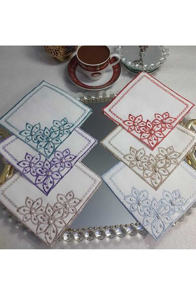 Lady Rio Cocktail Napkin, embroidered Napkin, cocktail Presentation Napkin, embroidered Presentation Napkin with Pearls, 6 Pieces