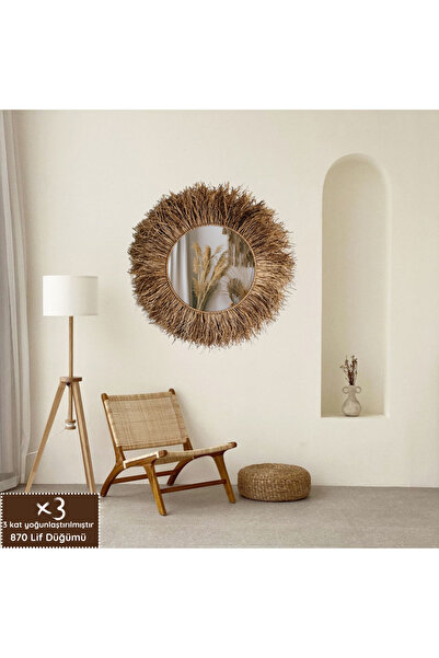 Kahverengi Land Mirror 3 Katlı Muz Lifi Ayna - Büyük Boy 70 Cm - Rafya - Handmade – Dekoratif