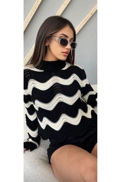MİLAWOMAN MODEL ZIGZAG, GULER, AJURLU, MÂNECĂ LUNGĂ, TREND, PULOVER ALB-NEGRU ELEGANT (MĂRIMI XS, S, M, L)