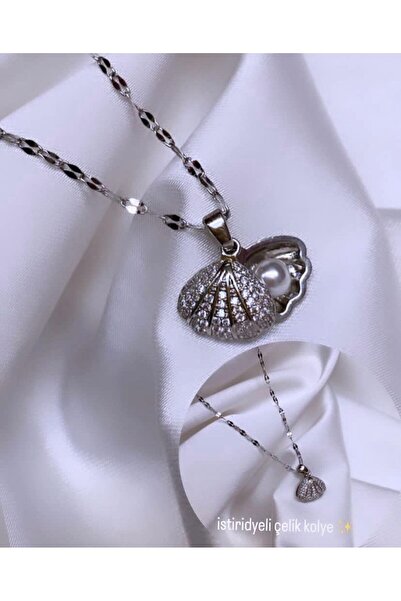 Accessories Istiridyeli Çelik Açılabilir Gümüş Renk Incili Kolye