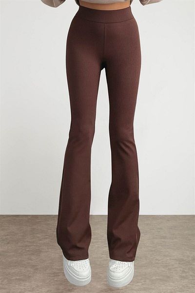 byhaziran butik Női barna kiszélesedő lábú, bordázott, magas derekú leggings S