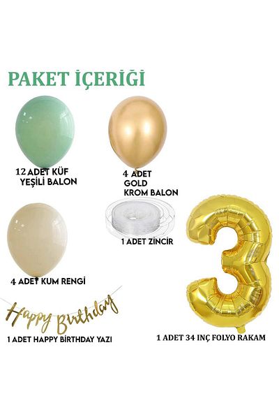 Patladı Gitti 3 Year Old Mold Green Sea Sand and Chrome Gold Balloon Concept Birthday Set