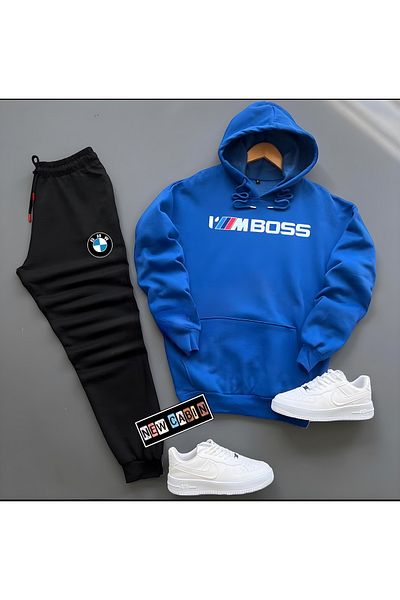 NewCabin Set de 2 piese cu glugă din bumbac albastru cu glugă, pantaloni de sport de iarnă, I'm Boss Printed Saks
