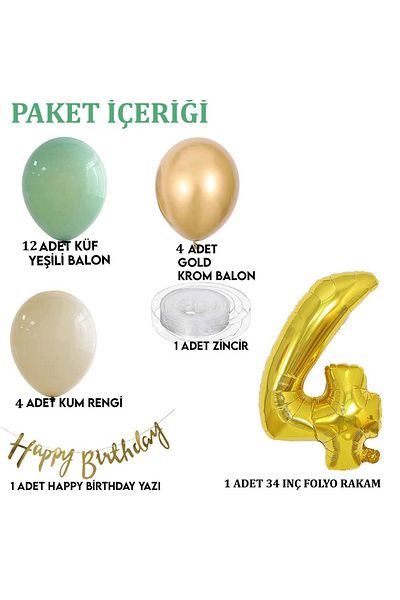 Patladı Gitti 4 Year Old Mold Green Sea Sand and Chrome Gold Balloon Concept Birthday Set