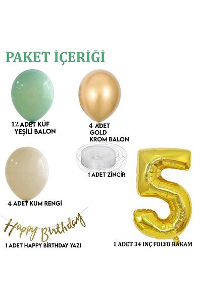 Patladı Gitti 5 Year Old Mold Green Sea Sand and Chrome Gold Balloon Concept Birthday Set