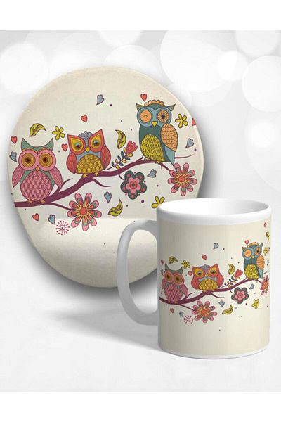 HobiShop Colorful Owl Oval Mouse Pad with Wrist Support and Mug Set