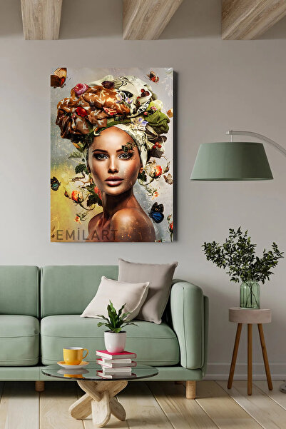 EMİLART Kelebek ve Çiçekli Afrikalı Kadın Özel Tasarım HD Kalite Kanvas Tablo