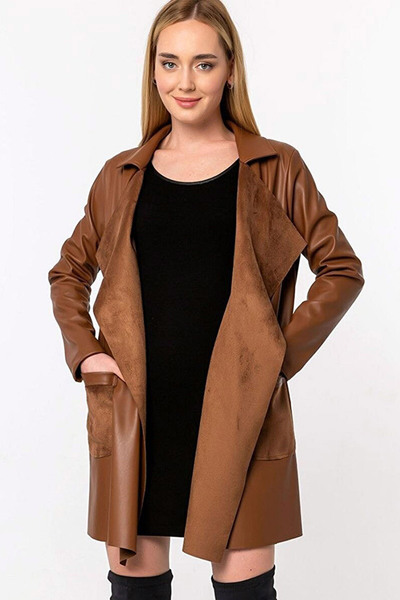 Naliru Kadın İçi Polarlı Şardonlu Nubuk Görünümlü Kruvaze Devrik Yaka Cepli S...