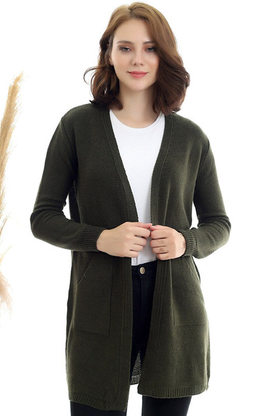 Naliru Kadın Ön Açık Düğmesiz Yumuşak Salaş V Yaka Uzun Likralı Triko Hırka