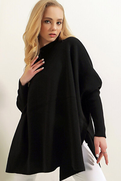 Naliru نموذج المعطف ذو الرقبة الطائرة - سترة تريكو كبيرة الحجم بأكمام الخفافيش وتفاصيل الشقوق