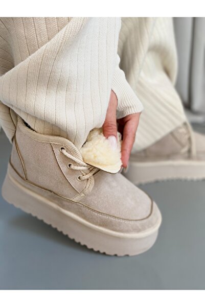 HONİBA Mini Ten Süet İçi Kürklü Kalın Taban Bağcıklı Kadın Bot