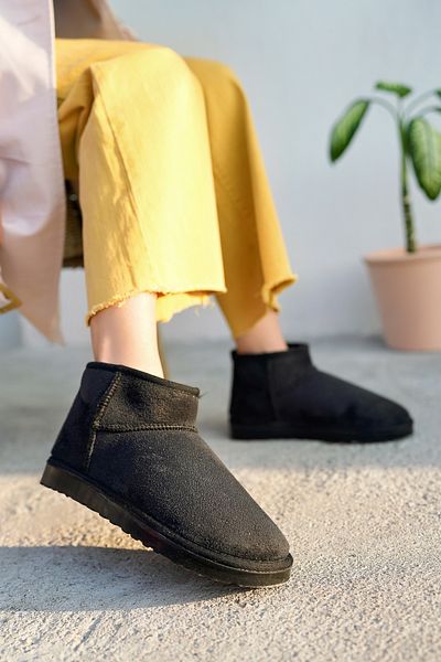 Modafırsat Ultra Mini Super Short Fur Lined Boots Black Suede