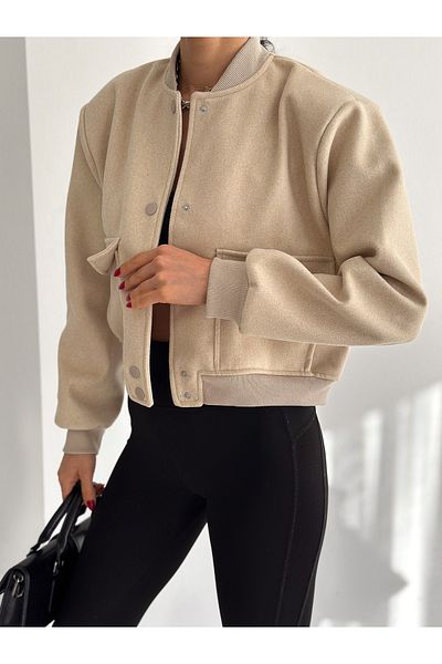 laughs Women's Shoulder Padded Lined Pocket Stitched Fabric Bomber Crop Short Jacket De7798