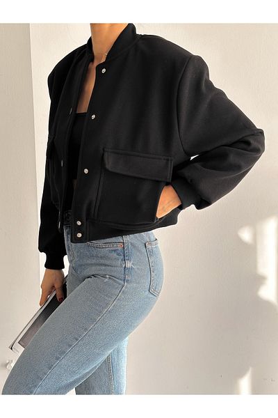 laughs Women's Shoulder Padded Lined Pocket Stitched Fabric Bomber Crop Short Jacket De7798