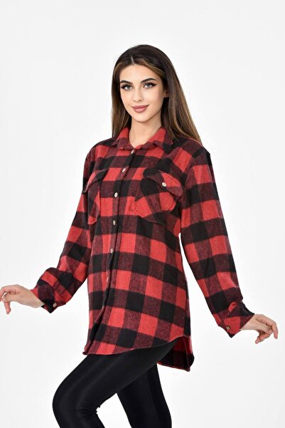 REKA MODA Kadın Gömlek, Oduncu Gömlek Model, Kare Desenli, Çift Cepli, Yandan Yırtmacı Bulunan, Popüler Gömlek