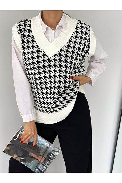 laughs WOMEN'S V-NECK SPLIT BLACK GOOS FEET PATTERNED KNITWEAR JUMER SWEATER DE55781