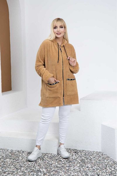 BİrHoşButik PLUS SIZE LYCRA SOFT POCKET HOODED RIBBED ZIPPER WINTER TREND PLUSH FLEECE CARDIGAN