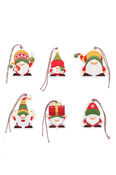 Lora Wedding 8cm 6 Parça Cüce Noel Baba Desenli UV Baskılı Ahşap Yılbaşı Ağacı Süsü