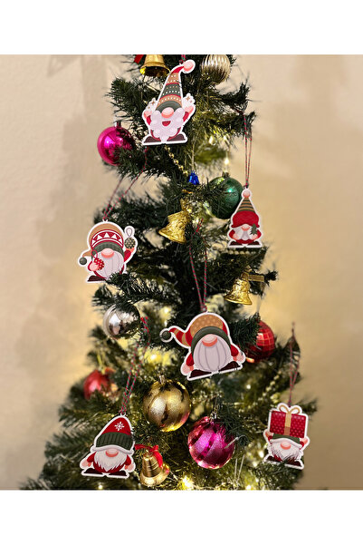 Lora Wedding 8cm 6 Parça Cüce Noel Baba Desenli UV Baskılı Ahşap Yılbaşı Ağacı Süsü