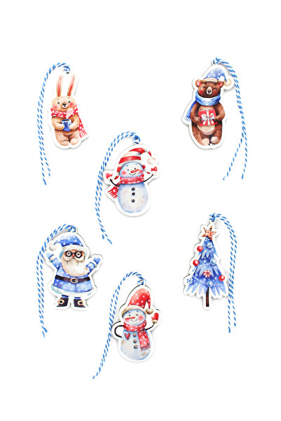 Lora Wedding 8cm 6 Pieces Mixed Pattern UV Printed Wooden Christmas Tree Orna...