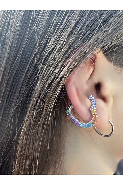 MAZEN Renkli Zirkon Taşlı Deliksiz Fake Kıkırdak APM Küpe EAR CUFF Yıldız Figürlü Gümüş Renk