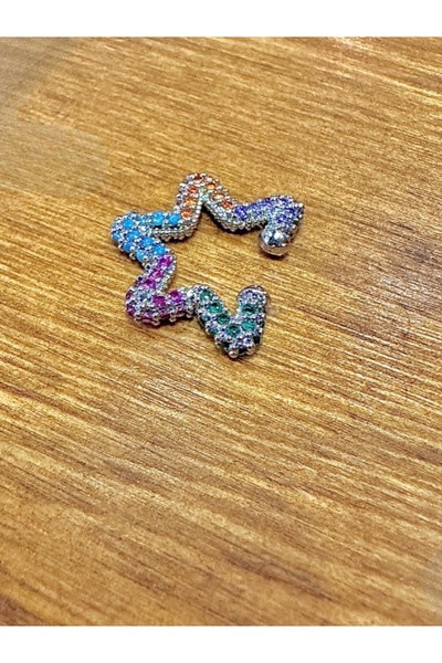 MAZEN Renkli Zirkon Taşlı Deliksiz Fake Kıkırdak APM Küpe EAR CUFF Yıldız Figürlü Gümüş Renk