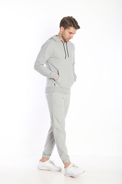 NEED LİFE Men's Gray Melange Casual Hooded Kangaroo Pocket 2 Thread Sweat Tracksuit Set