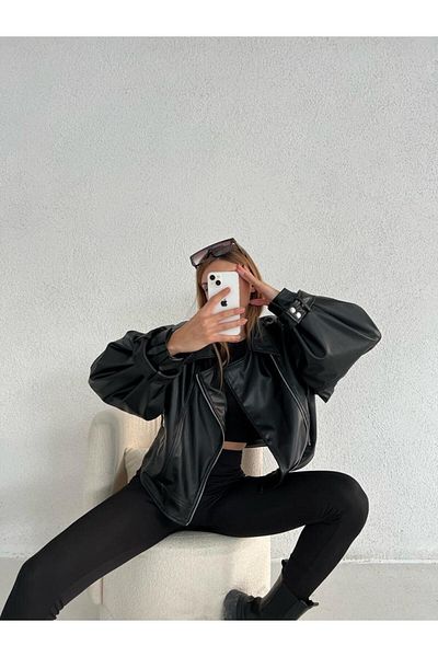 munora butik Černá bunda Bomber z umělé kůže s širokým rukávem