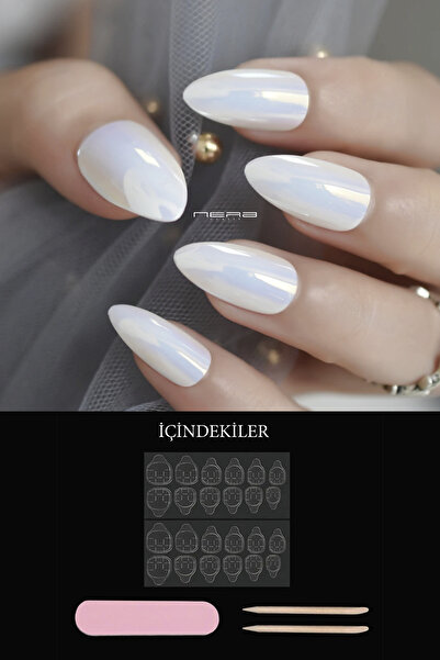 Nera Classy 24 Adet Beyaz Parlak Sedefli Takma Tırnak, 24 Adet Yapıştırıcı, Törpü, 2 Portakal Çubuğu