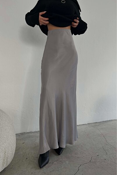 Eka Fustă lungă din satin gri de damă 0999-8115